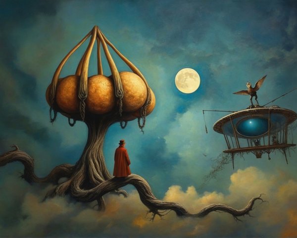 Surreal Landscape with Mysterious Tree and Cloaked Figure