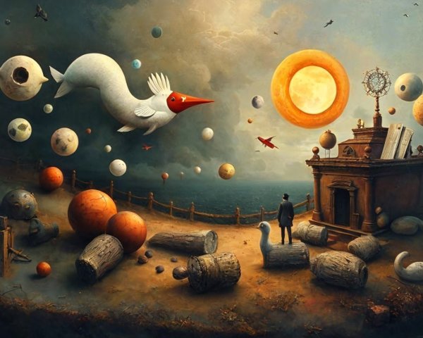 Surreal Landscape with Whimsical Creature and Orbs