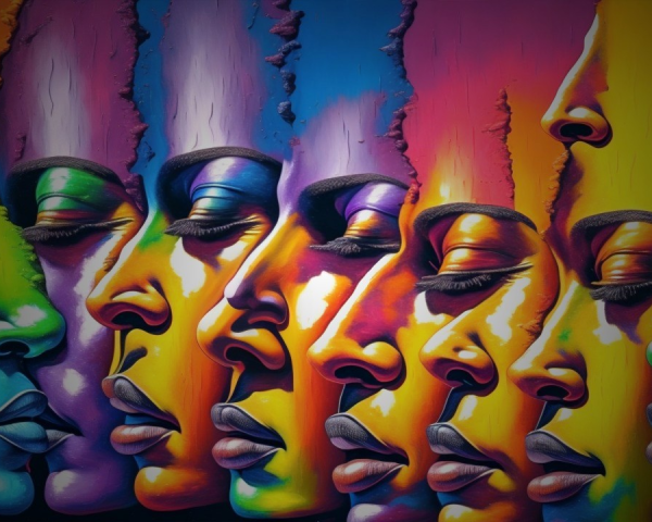 Vibrant Mural of Colorful Stylized Faces Celebrating Diversity