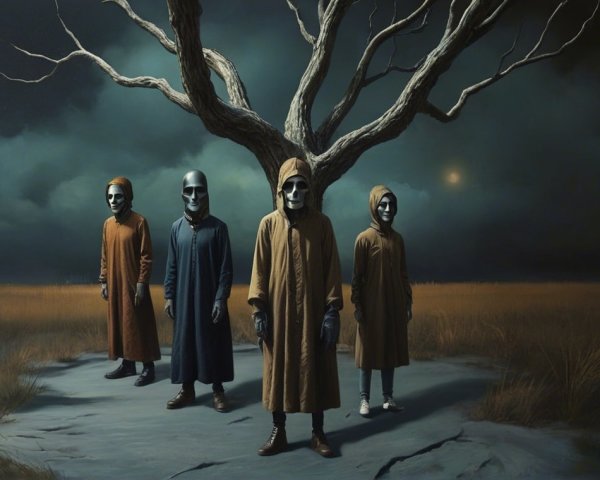 Hooded Figures in a Dark Barren Landscape Scene
