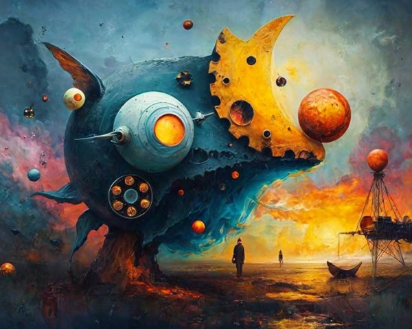 Surreal Scene of a Mechanical Fish in Cosmic Landscape