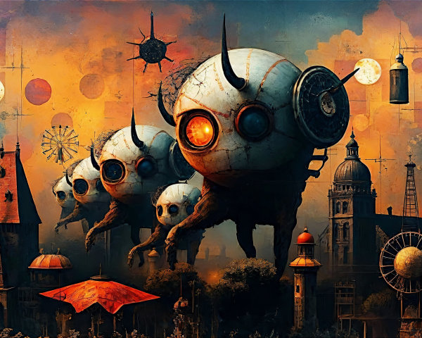 Surreal Landscape with Mechanical Creatures and Towers