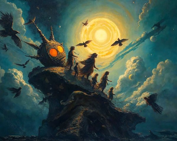Surreal Landscape with Robotic Figure and Ethereal Beings