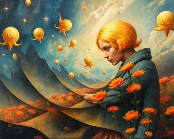 Young woman with orange hair in a whimsical landscape