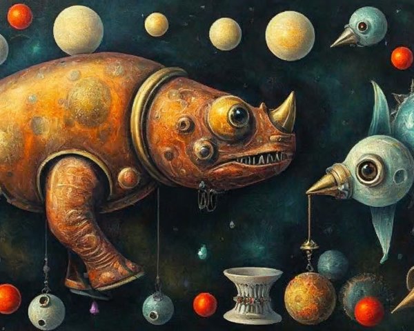 Surreal Scene of Armored Creature and Celestial Orbs