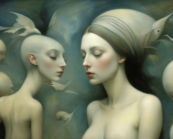 Ethereal Figures and Birds in Dreamlike Composition