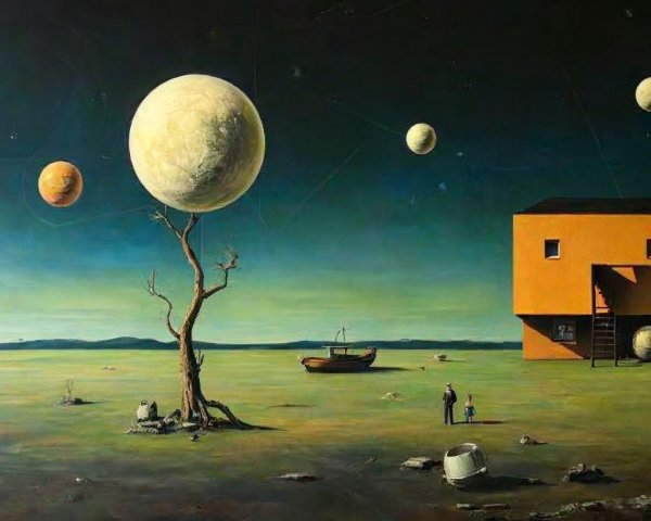 Surreal Landscape with Orange House and Twilight Sky