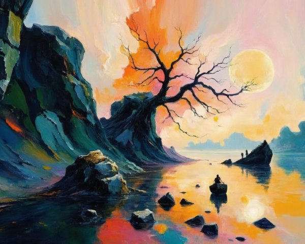 Vibrant sunset over water with rocky shore and tree