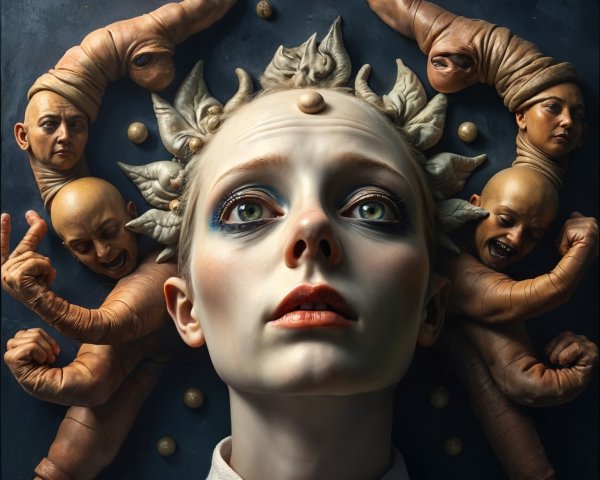 Surreal Portrait of a Young Woman with Grotesque Figures