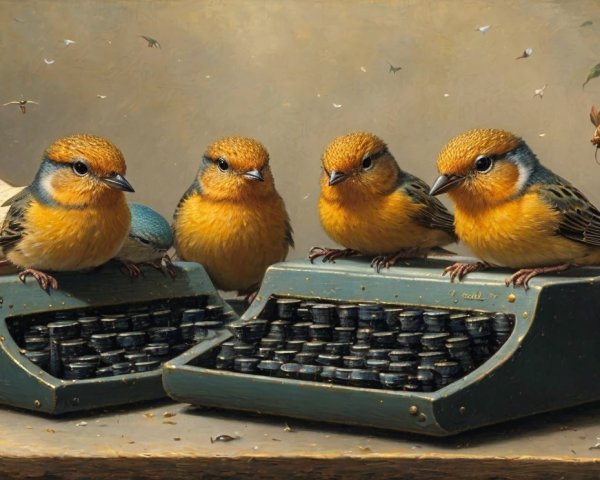 Whimsical Birds on Vintage Typewriters in Nature