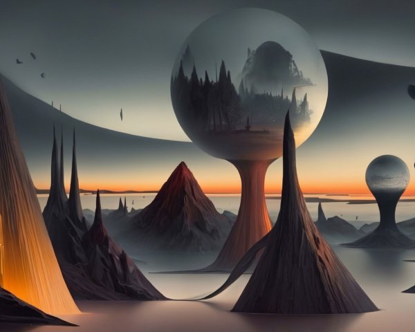 Surreal Landscape with Elongated Mountains and Orbs