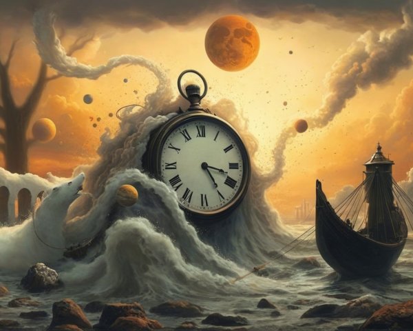 Surreal Landscape with Giant Pocket Watch and Waves