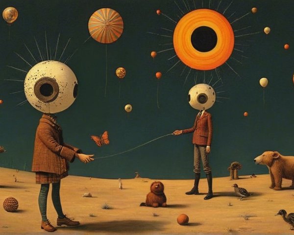 Surreal Landscape with Oversized Figures and Balloons
