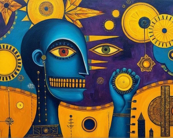Stylized Blue Figure with Geometric Shapes and Symbols