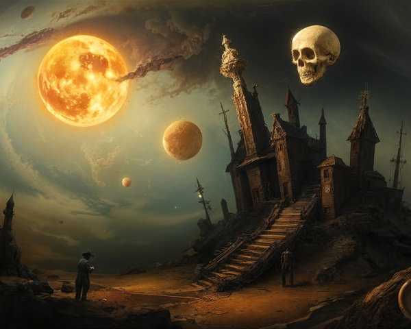 Surreal Landscape with Haunted Mansion and Celestial Bodies