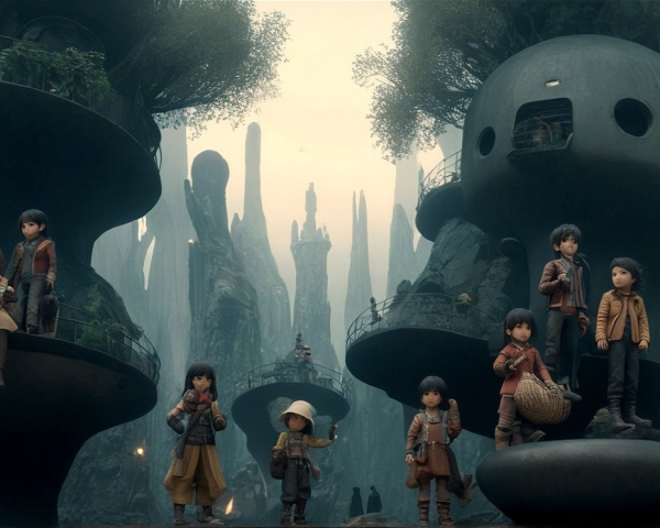 Children in a surreal landscape with organic structures