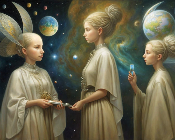 Ethereal Figures in Cosmic Setting with Mystical Elements