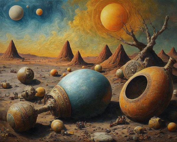 Surreal Landscape with Jagged Mountains and Vessels