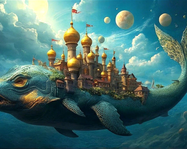 Giant Fish with City on Back in Dreamlike Landscape