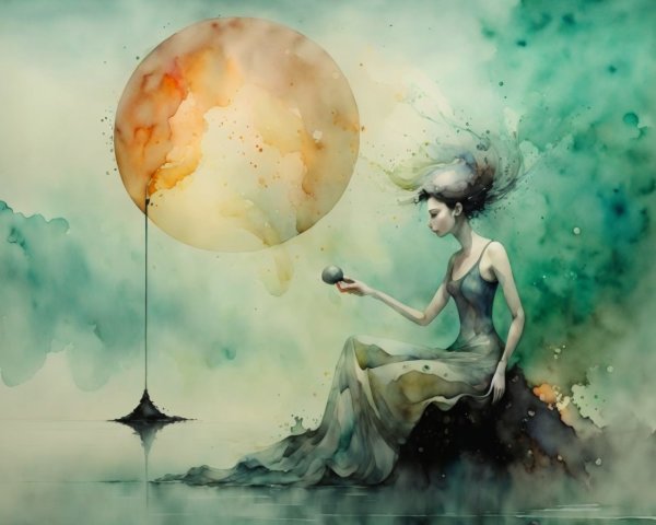 Watercolor Painting of Woman by Reflective Surface