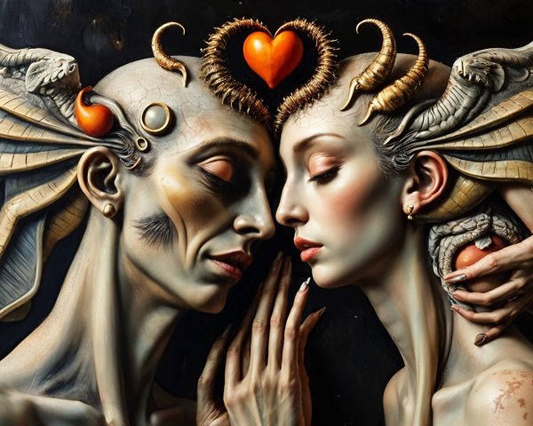 Surreal Humanoid Figures Embracing with Heart Motif