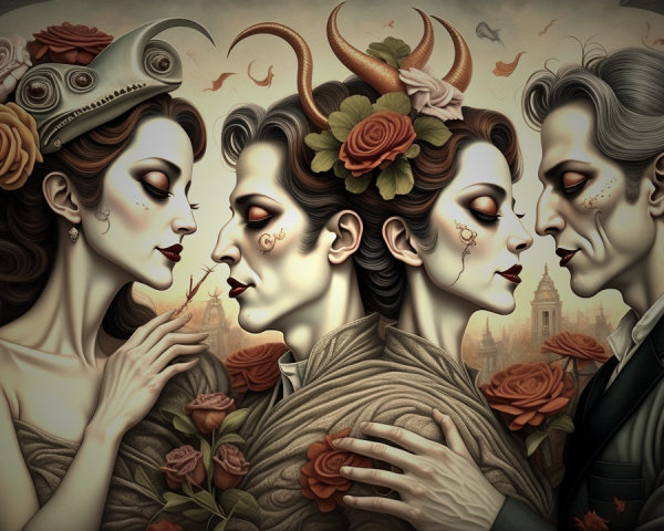 Ethereal Figures with Roses in Dark Dramatic Artwork