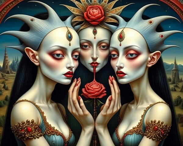 Surreal Composition of Ethereal Figures in Dreamlike Setting