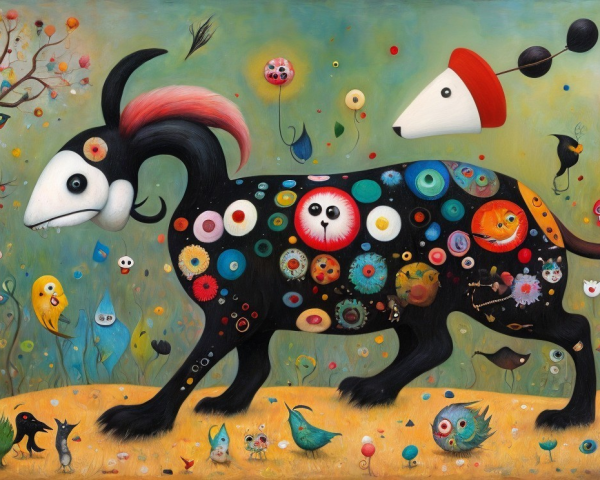 Surreal Landscape with Colorful Dog-like Creature