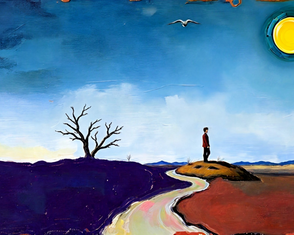 Surreal Oil Painting of a Figure in Otherworldly Landscape