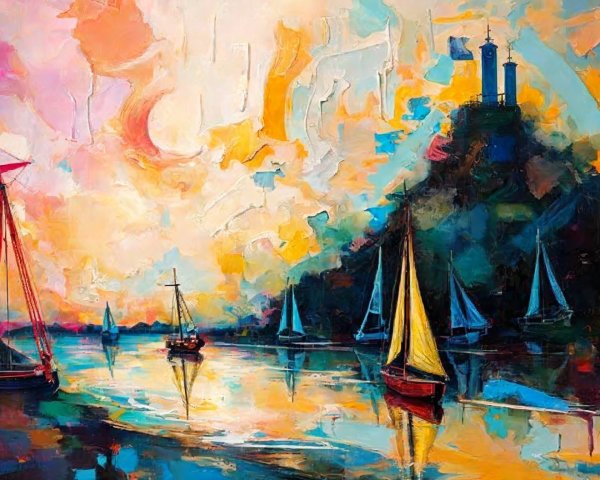 Vibrant Sunset Over a Serene Harbor with Sailboats