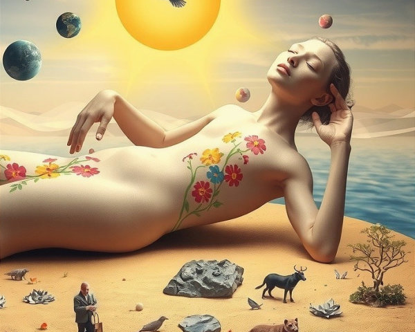 Nude Figure on Sandy Terrain with Floral Body Paint