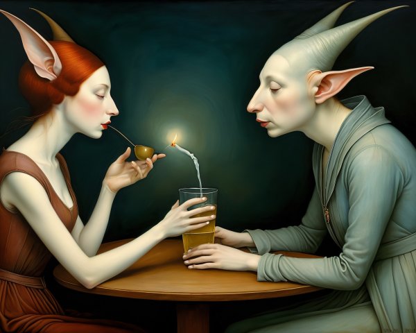 Intimate Moment Between Elf-like Figures at Table