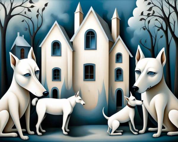 Surreal Artwork of Four White Dogs and Whimsical House