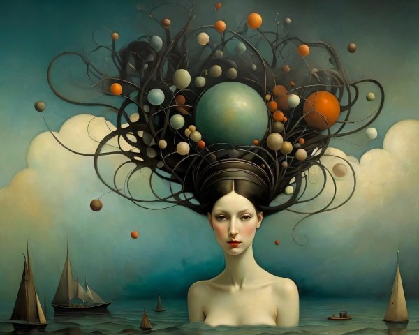 Serene Woman with Cosmic Hair in Dreamlike Setting
