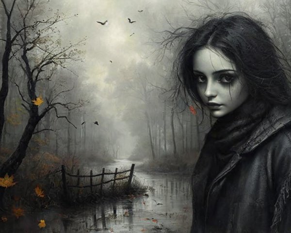 Misty Forest Scene with a Pensive Young Woman