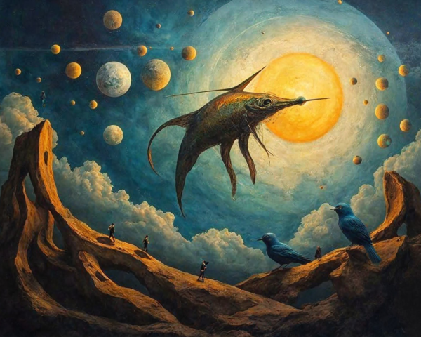 Surreal Landscape with Cosmic Sky and Ethereal Fish