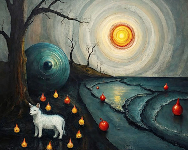 Surreal Landscape with Bright Sun and Ghostly Creature