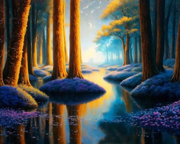 Serene landscape with trees, flowers, and a river