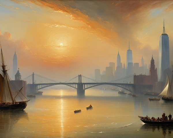 Serene Waterfront Scene with Sailing Ships and Skyline