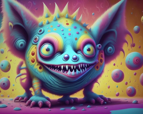 Whimsical creature with vibrant fur and surreal background