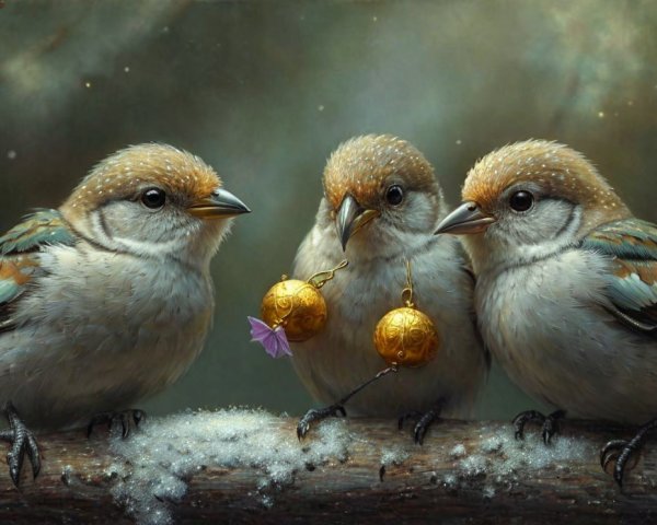 Small Birds on Snow-Dusted Branch with Ornaments