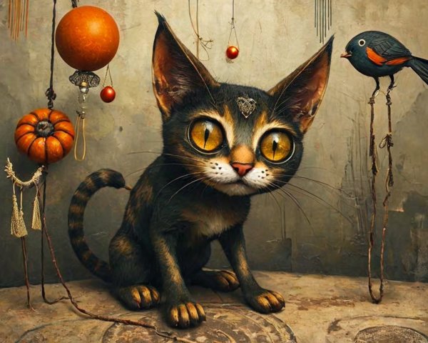 Whimsical Cat and Colorful Bird in Autumn Setting