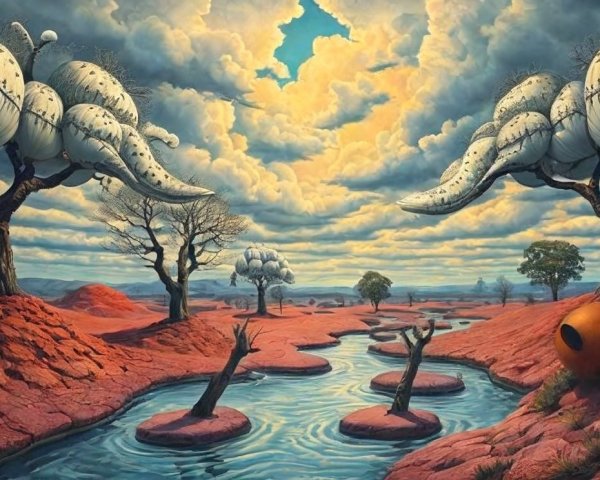 Surreal Landscape with Red Hills and Twisting Trees