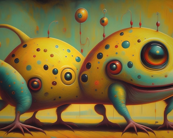 Whimsical Creature with Yellow Body and Polka Dots