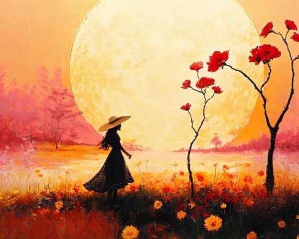 Silhouette of a woman in a vibrant, dreamy landscape