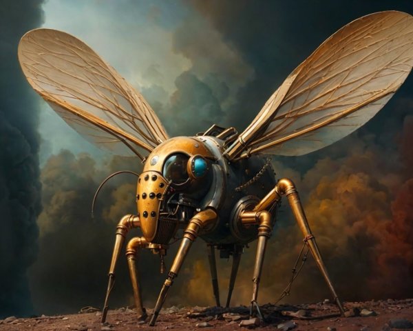 Steampunk Robotic Bee with Intricate Details and Wings