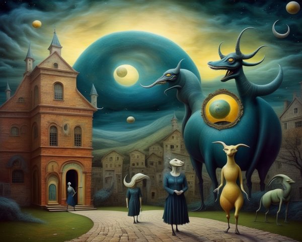 Surreal Mansion in Dreamlike Landscape with Creatures