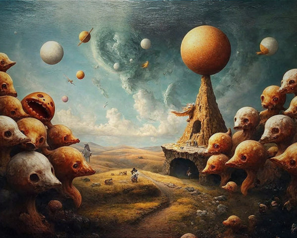 Surreal Landscape with Towering Rock and Celestial Bodies