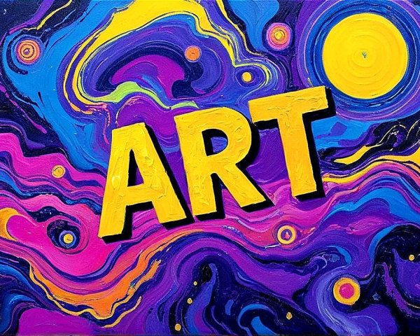 Abstract Painting with Swirling Colors and Bold "ART