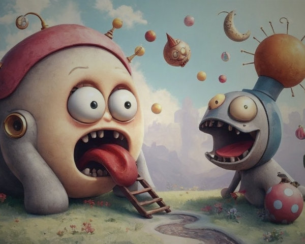 Cartoonish Creatures in a Surreal Landscape